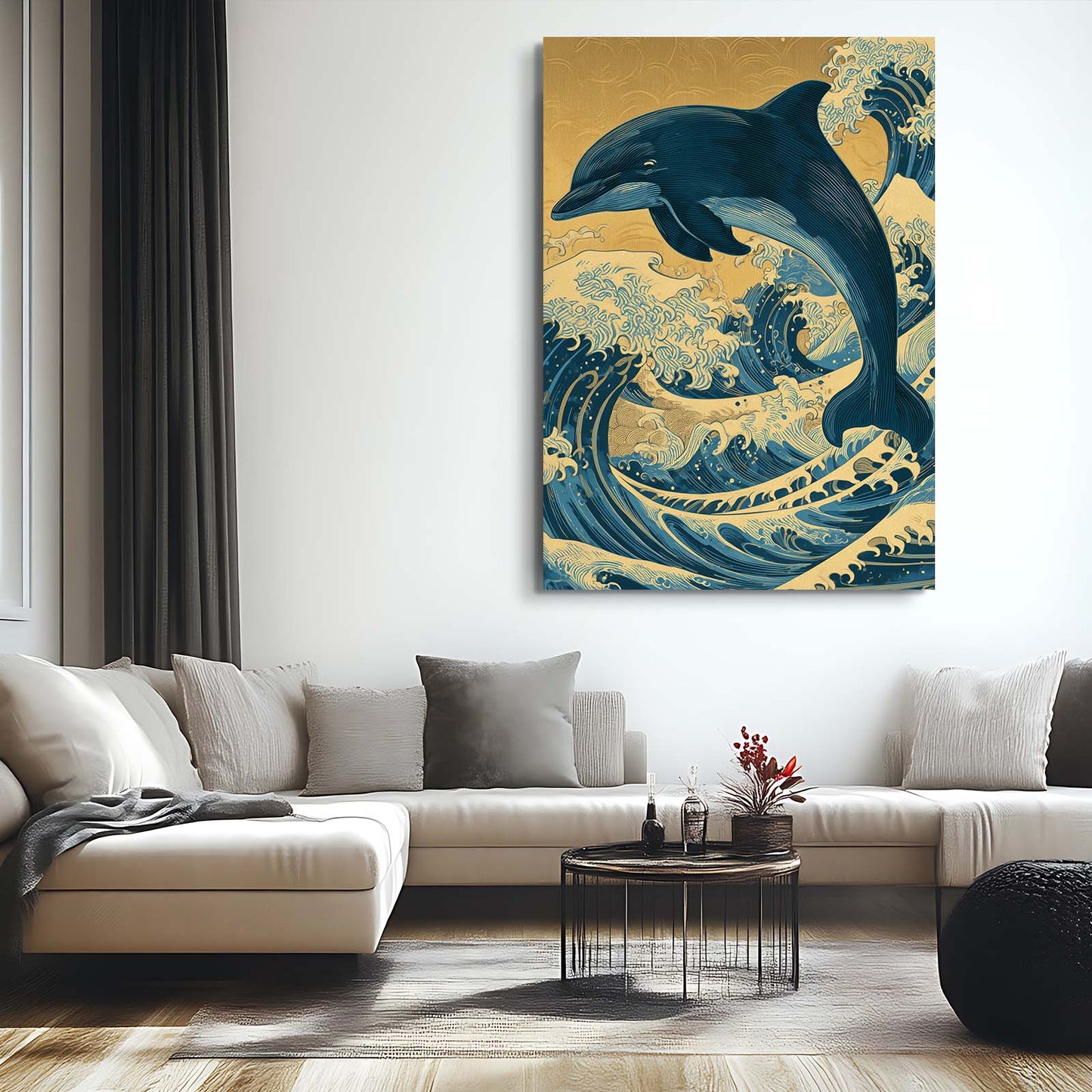 Golden Sky Wave Dolphin Art – styled in a furnished interior