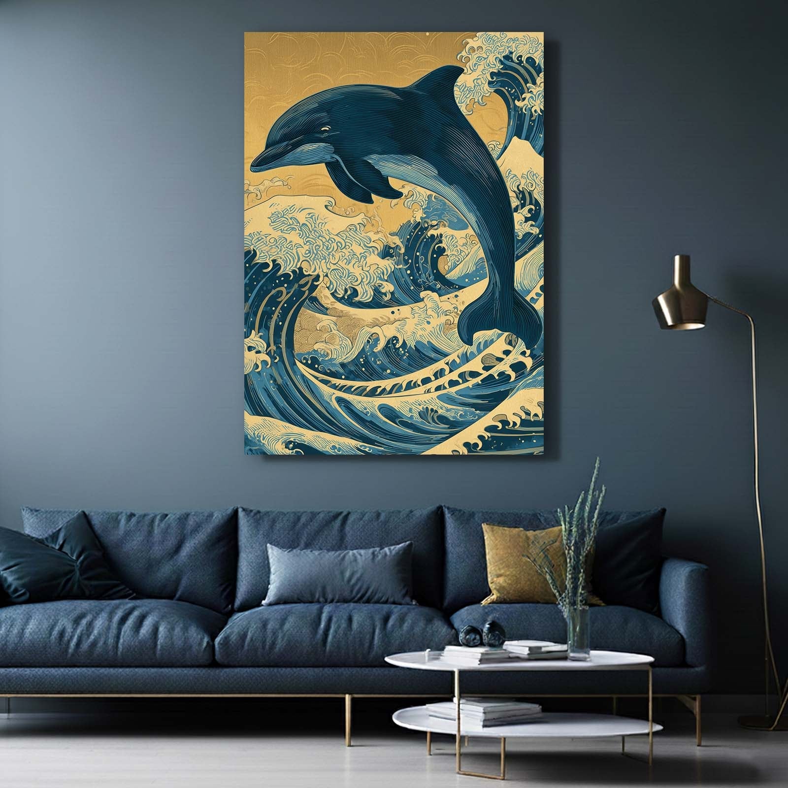 Golden Sky Wave Dolphin Art – styled in a furnished interior