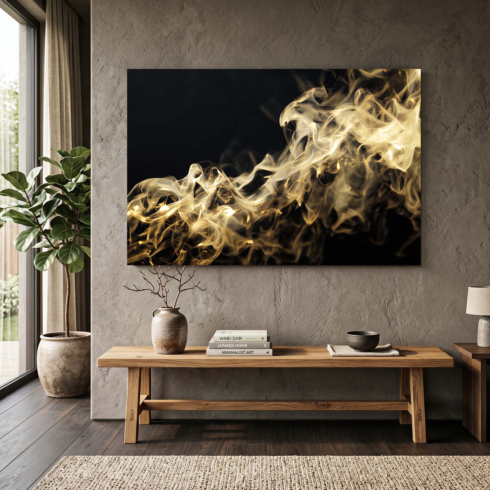 Golden Smoke Drift Wall Art – styled in a furnished interior