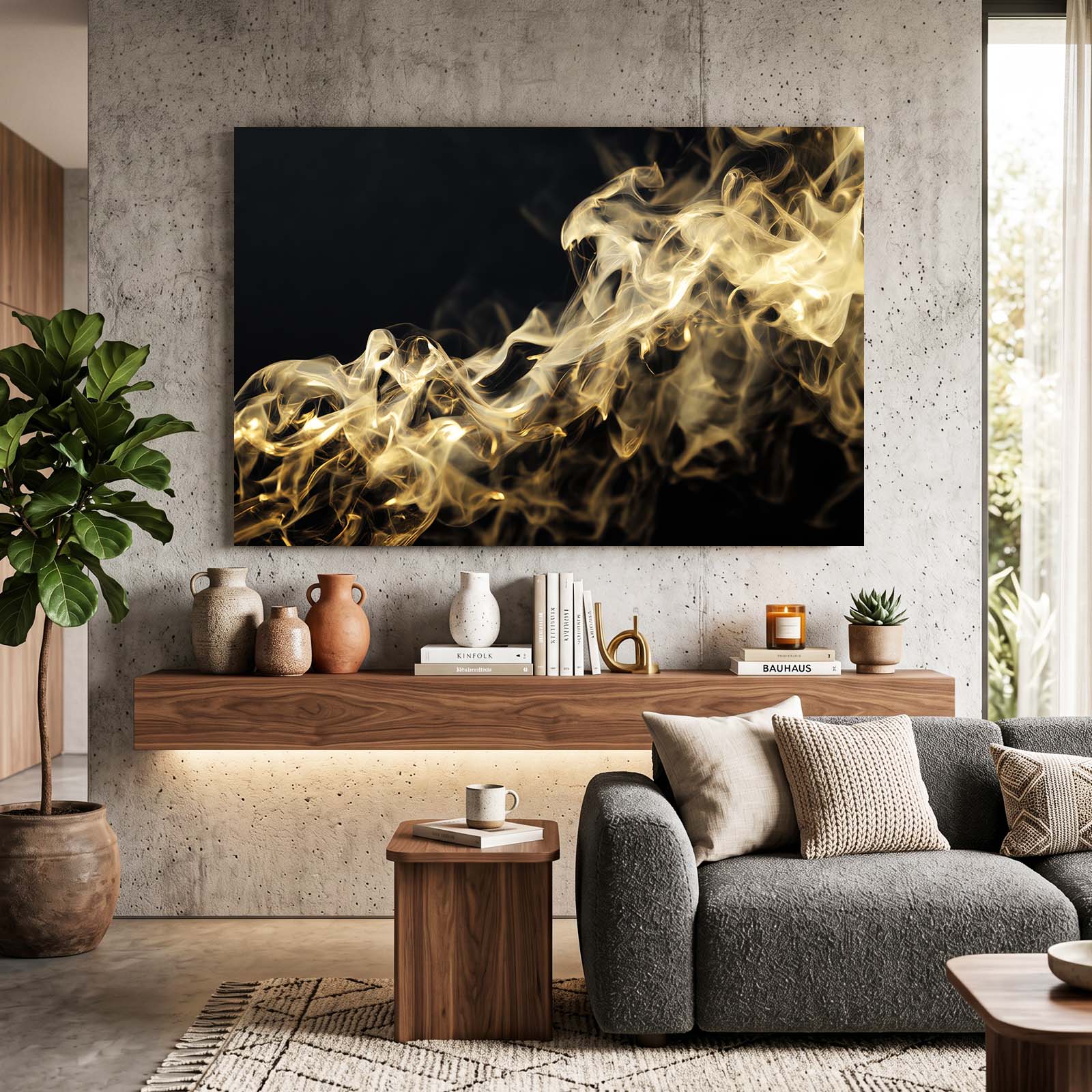 Golden Smoke Drift Wall Art – styled in a furnished interior