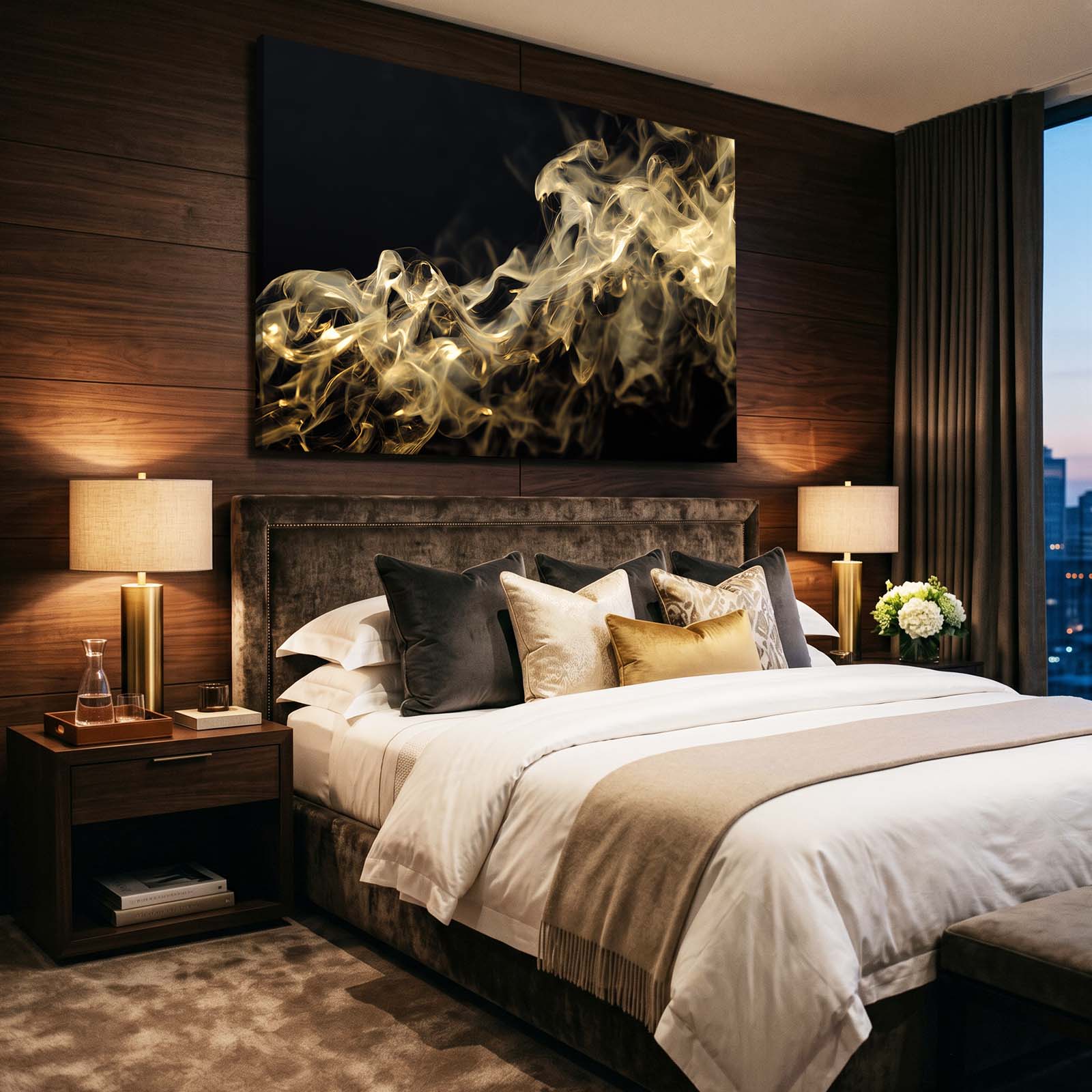Golden Smoke Drift Wall Art – styled in a furnished interior