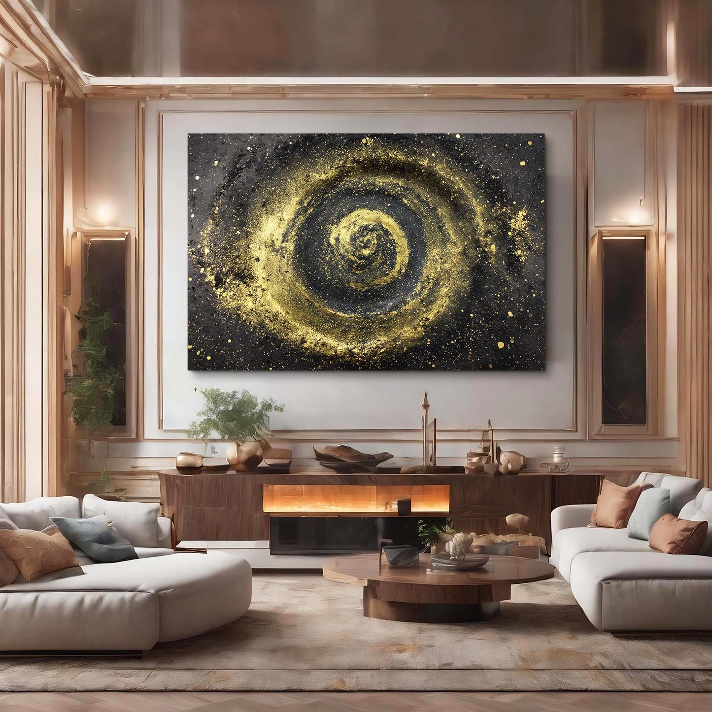 Golden Spiral Nebula Art – styled in a furnished interior