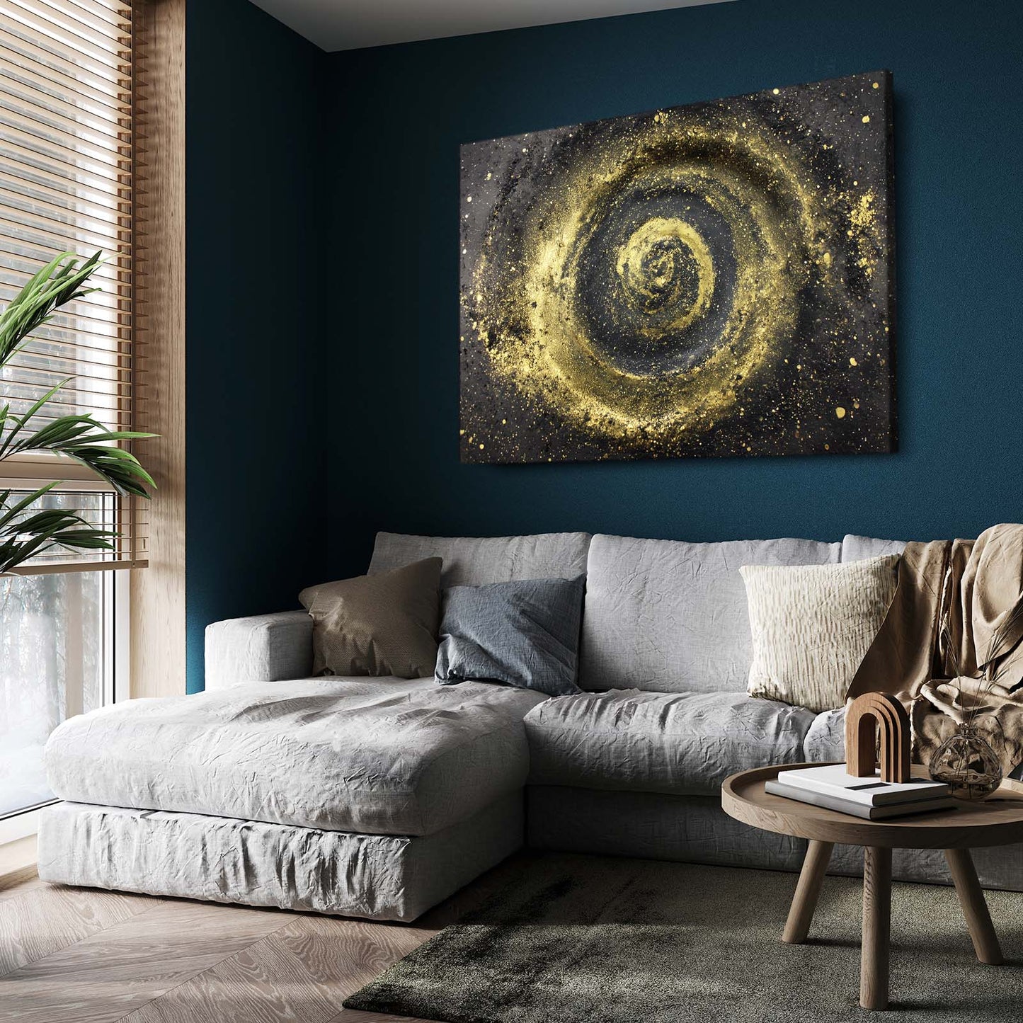 Golden Spiral Nebula Art – styled in a furnished interior