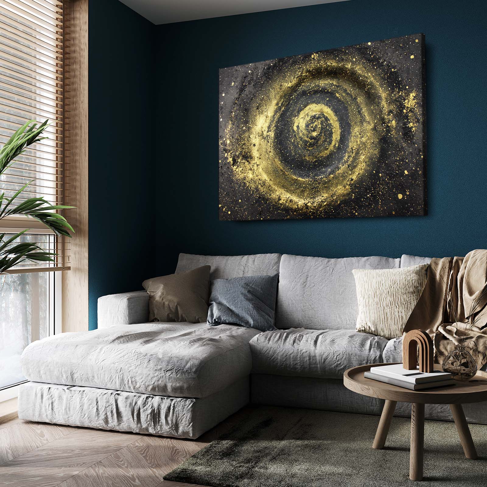 Golden Spiral Nebula Art – styled in a furnished interior