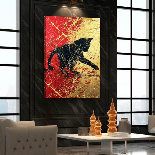 Golden Splash Cat Art — abstract canvas print in red tones, view 3