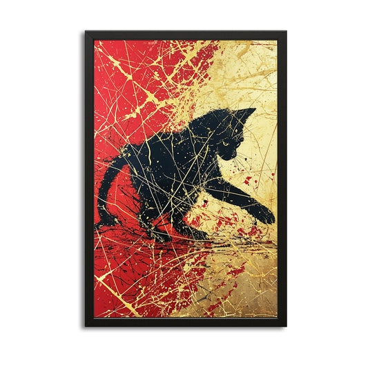 Golden Splash Cat Art — digital canvas print in red tones, canvas print on white background