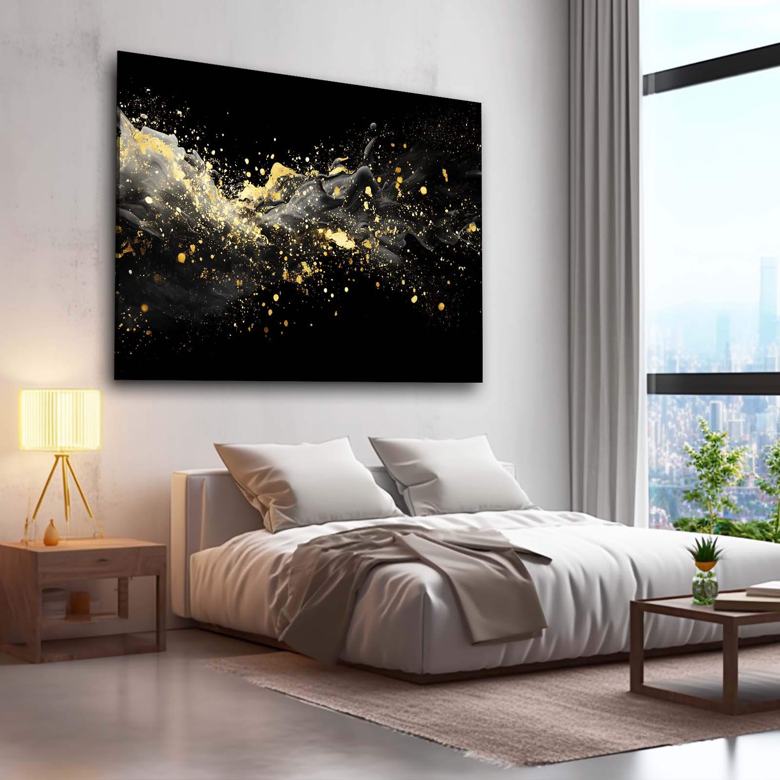 Golden Splash Cloud Wall Art – styled in a furnished interior