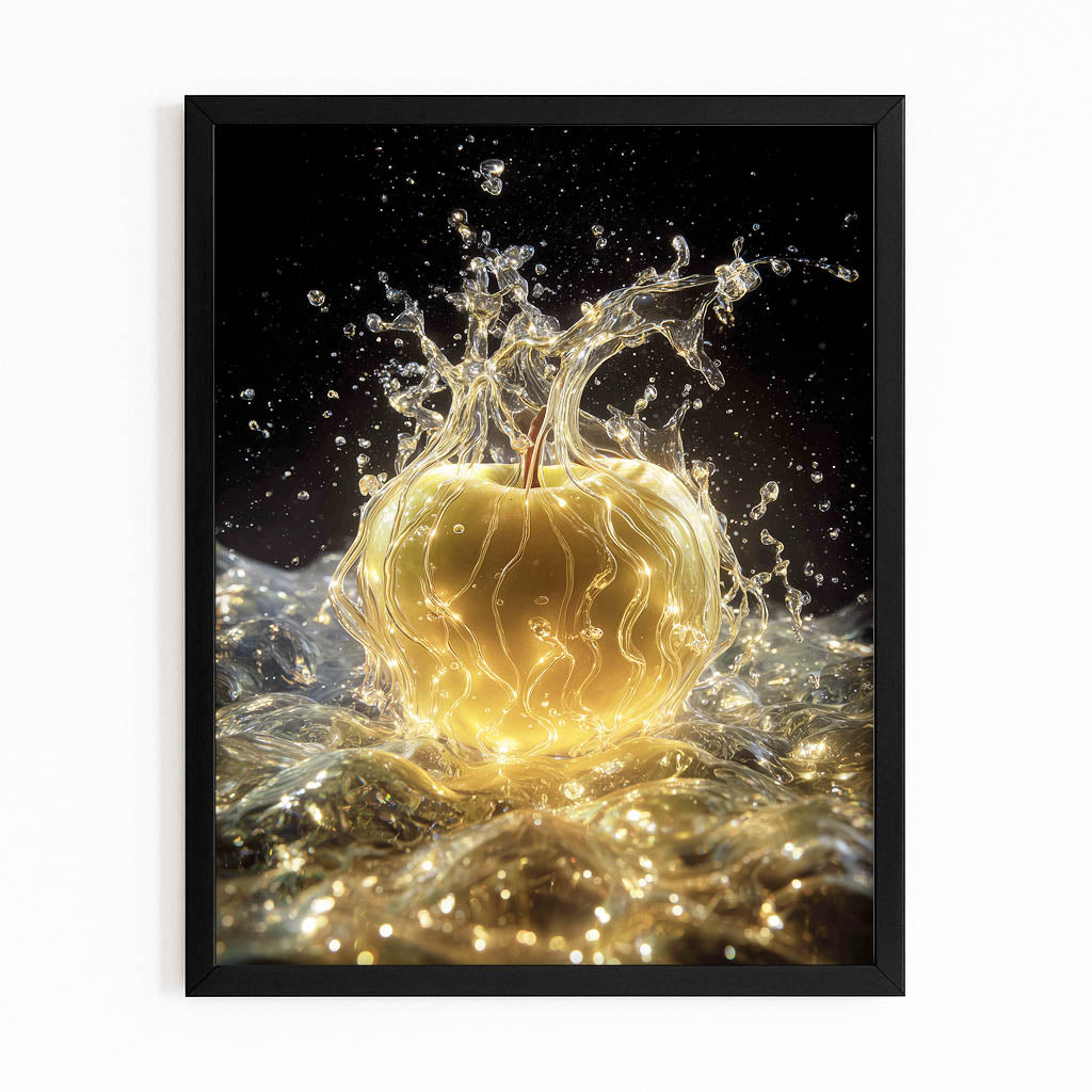 Golden Splash Sparkle Apple Canvas Art – with Premium Black frame on white background