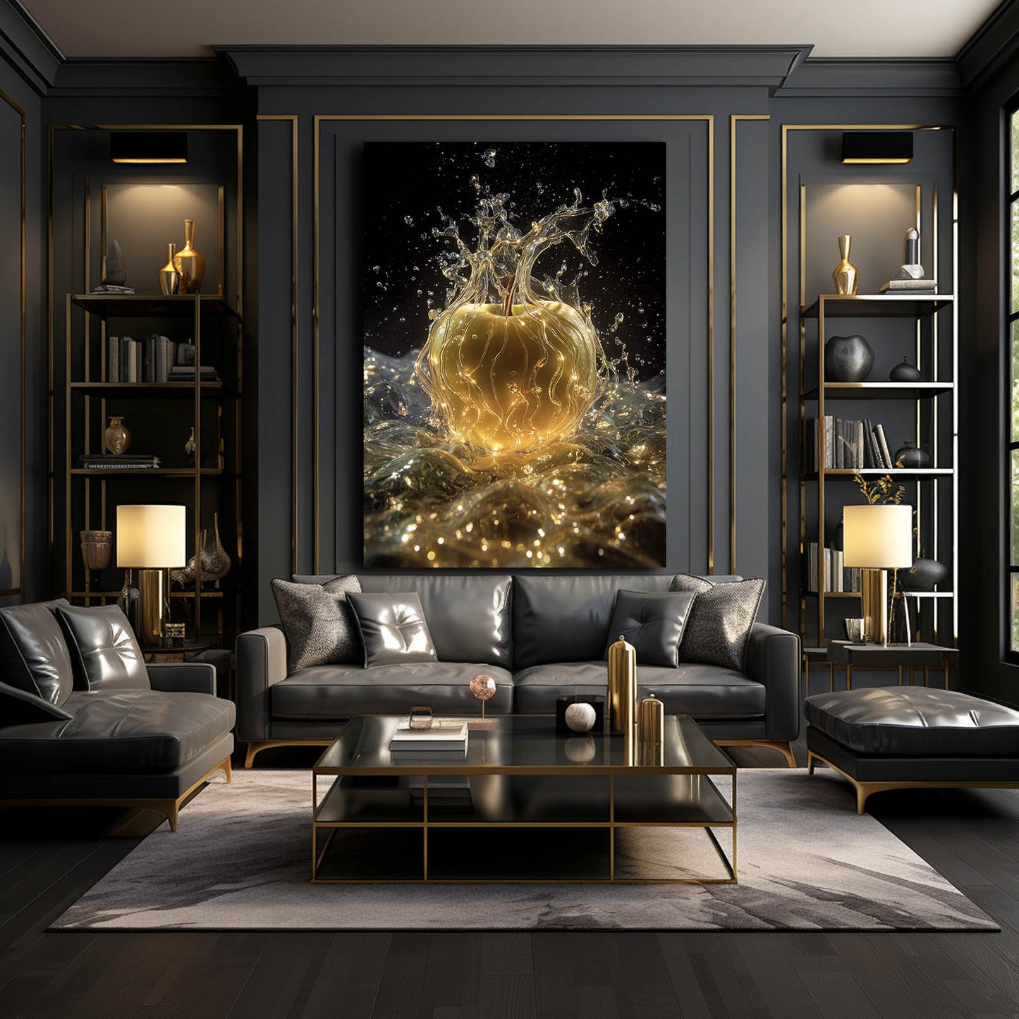 Golden Splash Sparkle Apple Canvas Art – styled in a furnished interior