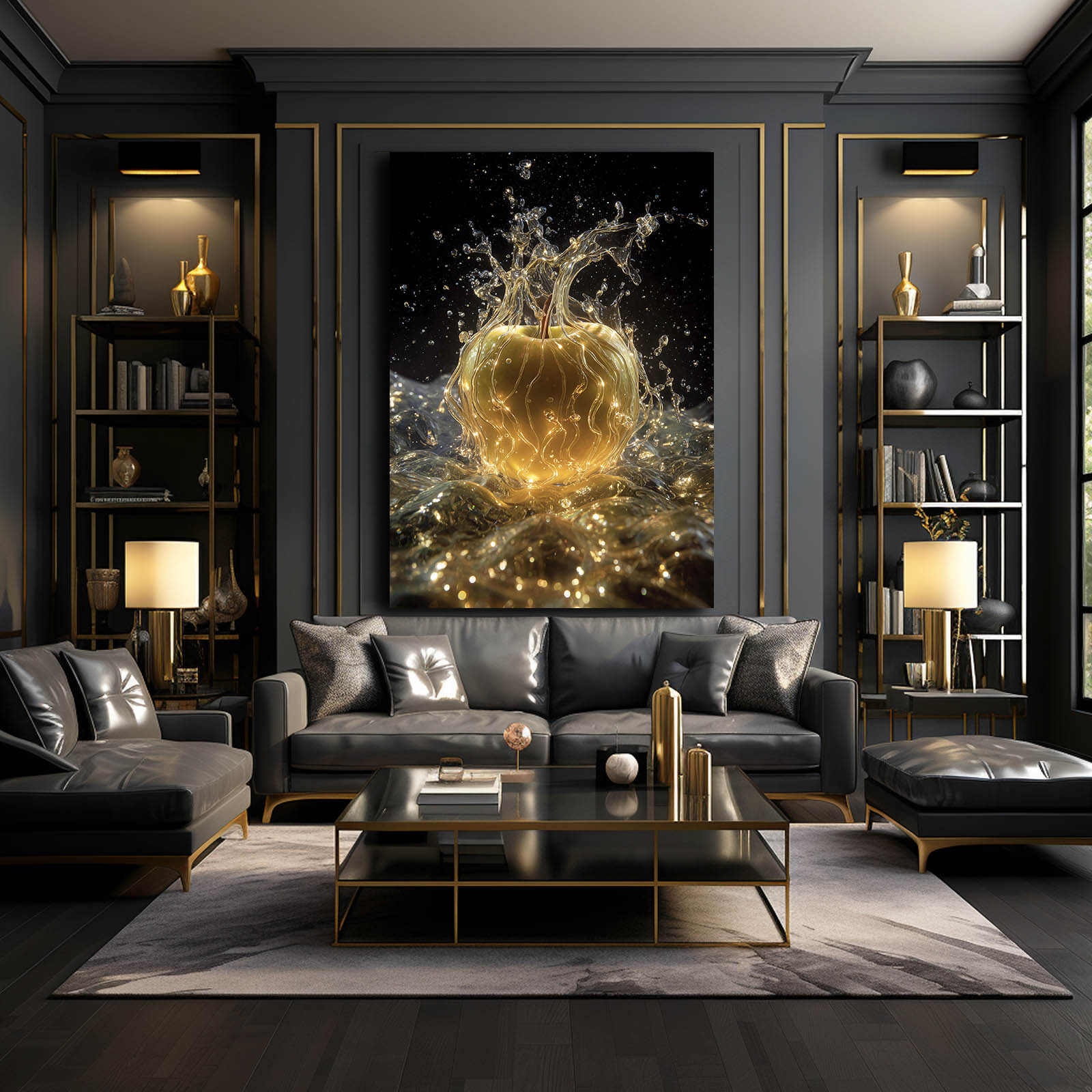Golden Splash Sparkle Apple Canvas Art – styled in a furnished interior
