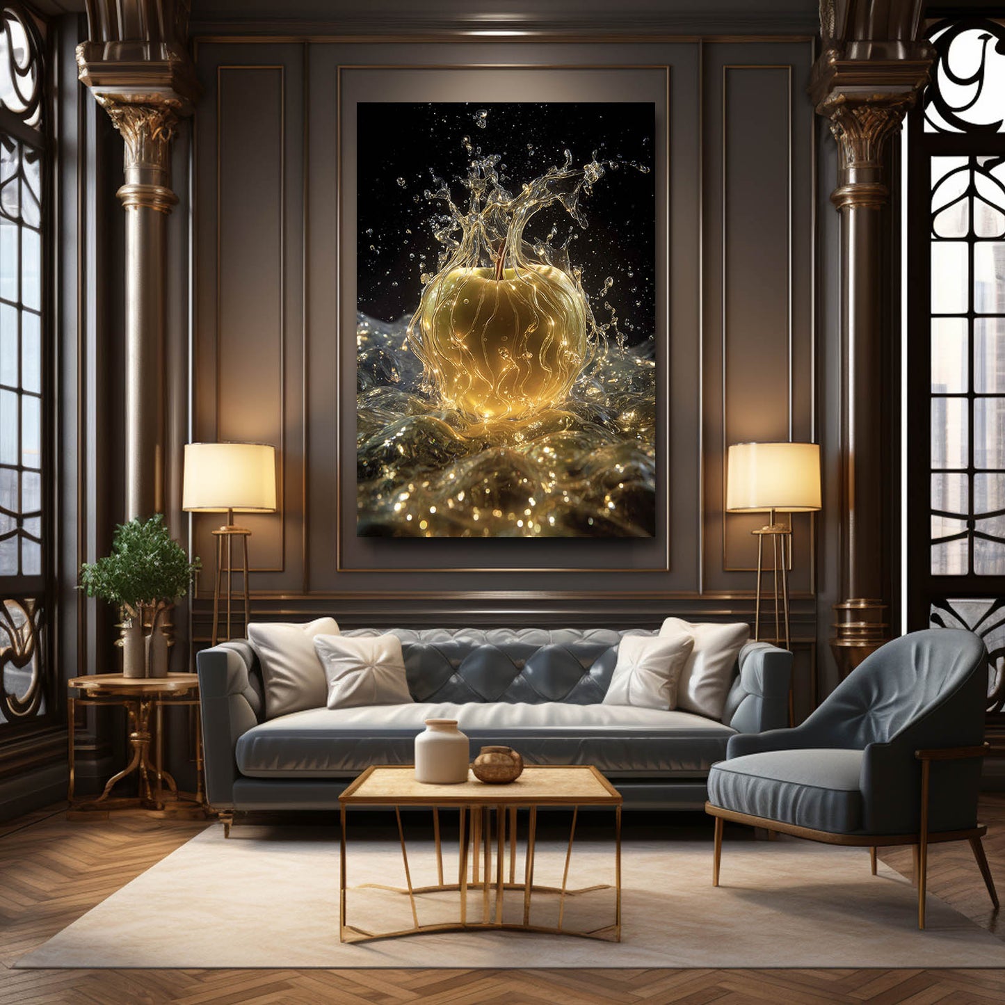 Golden Splash Sparkle Apple Canvas Art – styled in a furnished interior