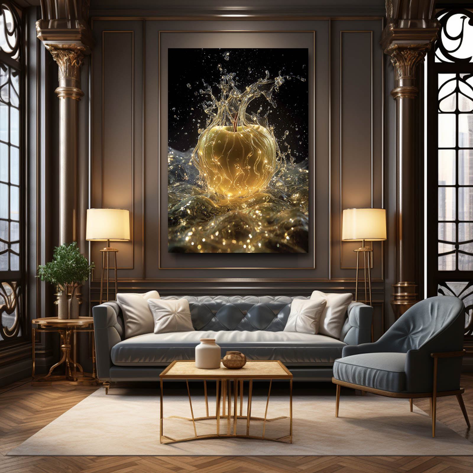 Golden Splash Sparkle Apple Canvas Art – styled in a furnished interior