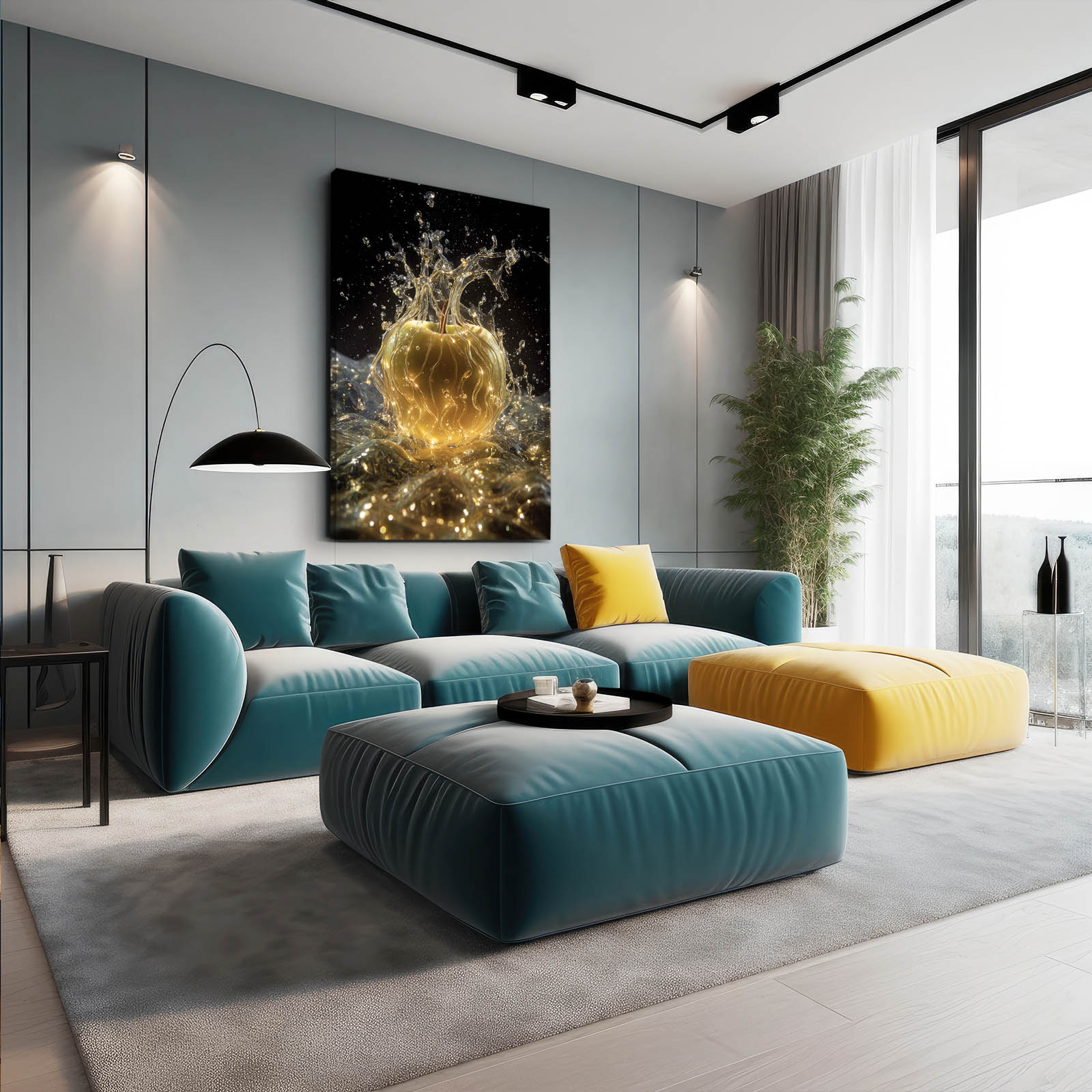 Golden Splash Sparkle Apple Canvas Art – styled in a furnished interior