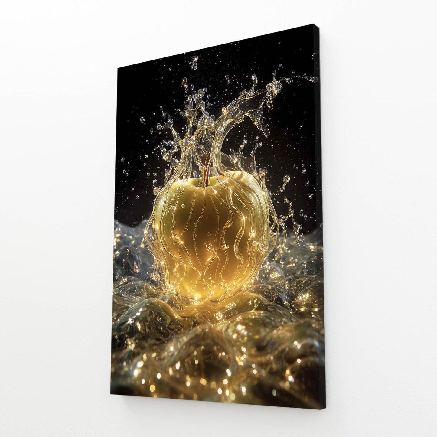 Golden Splash Sparkle Apple Canvas Art – angled canvas view on white background
