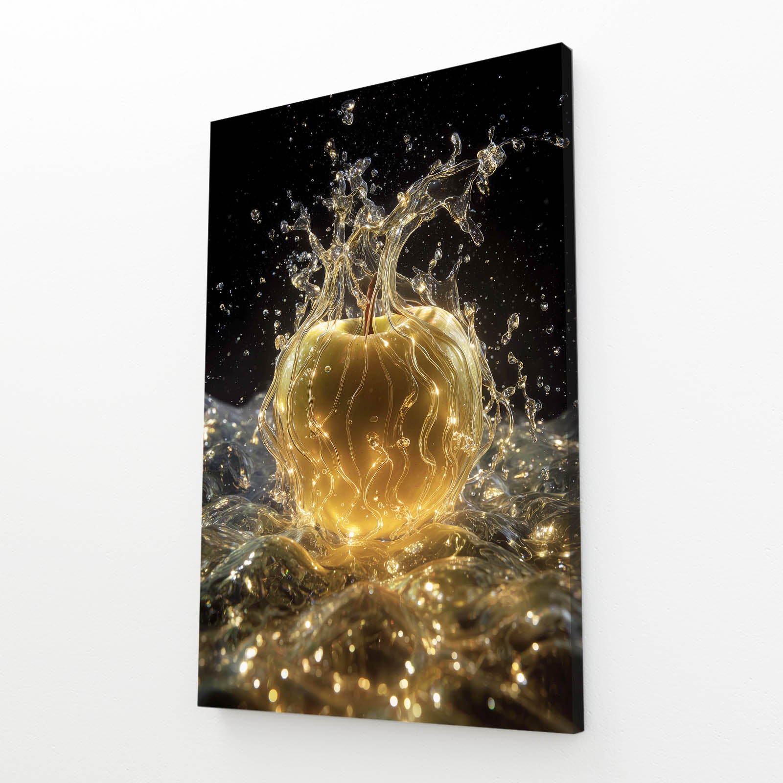 Golden Splash Sparkle Apple Canvas Art – angled canvas view on white background