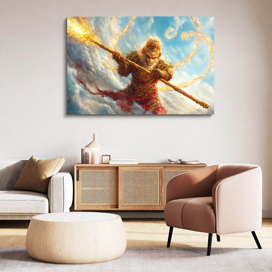 Golden Staff Warrior Monkey Canvas – styled in a furnished interior
