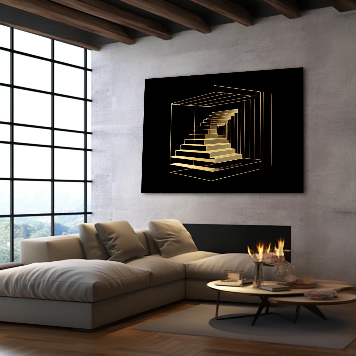 Golden Stair Illusion Wall Decor – styled in a furnished interior
