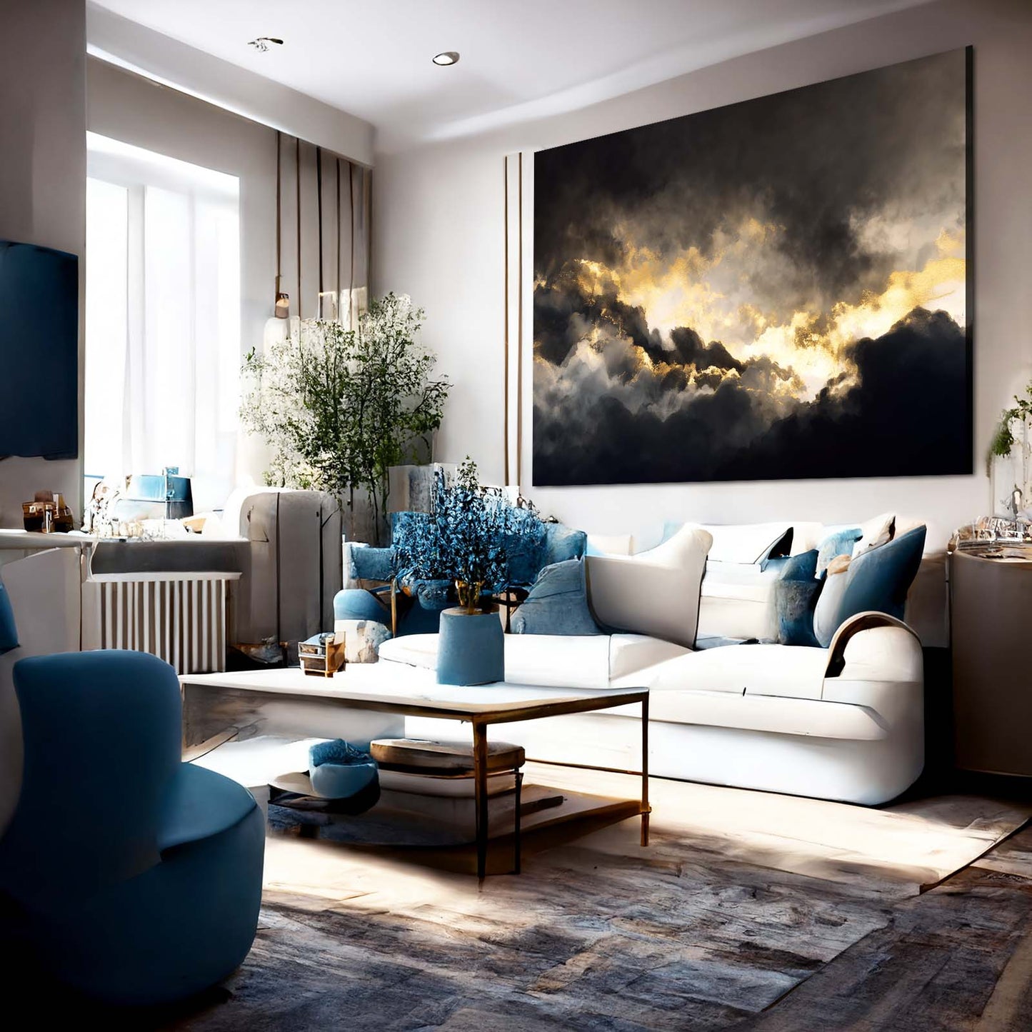Golden Storm Clouds Canvas Art – styled in a furnished interior
