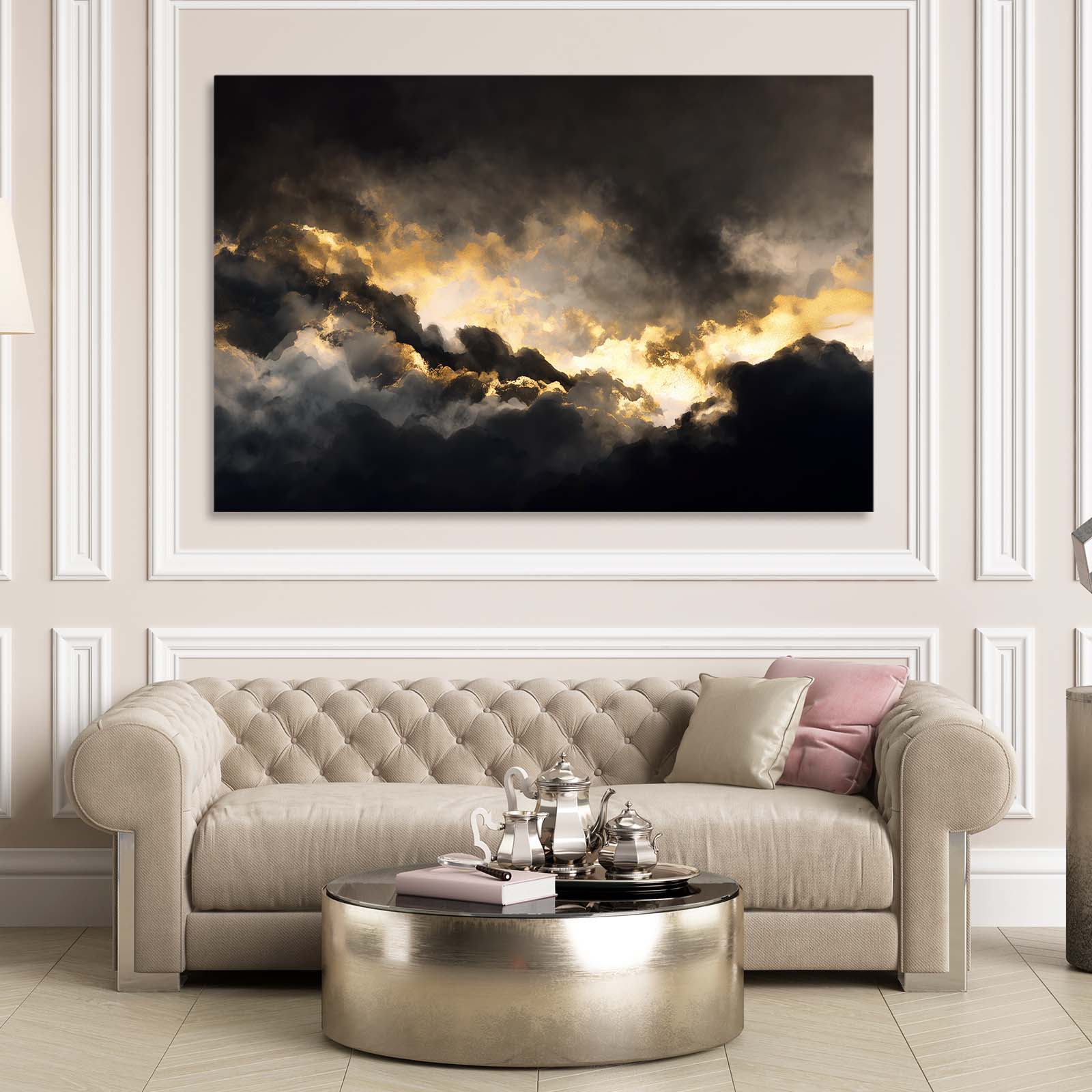 Golden Storm Clouds Canvas Art – styled in a furnished interior