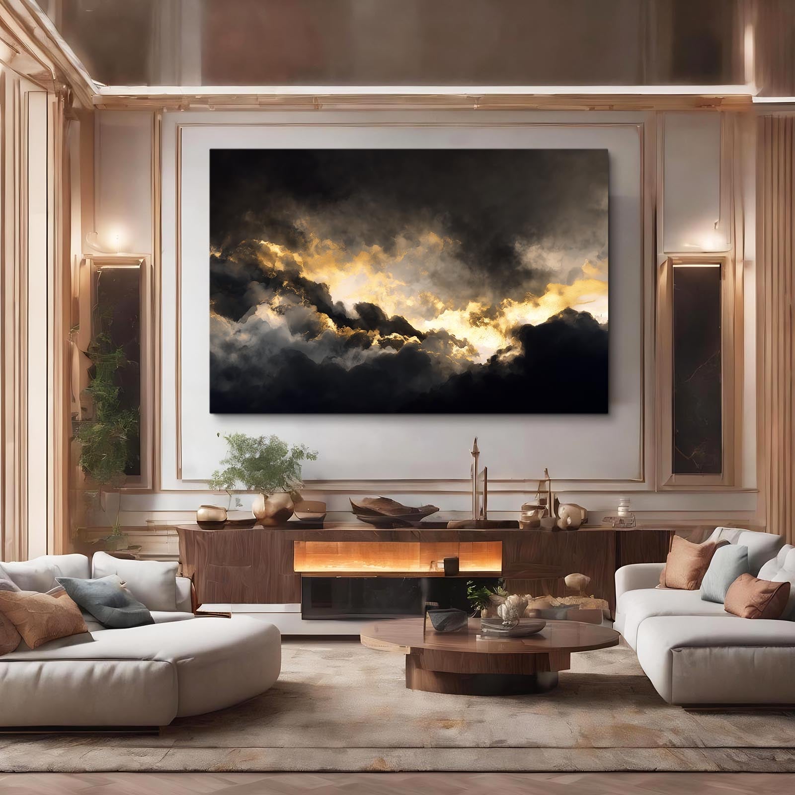 Golden Storm Clouds Canvas Art – styled in a furnished interior