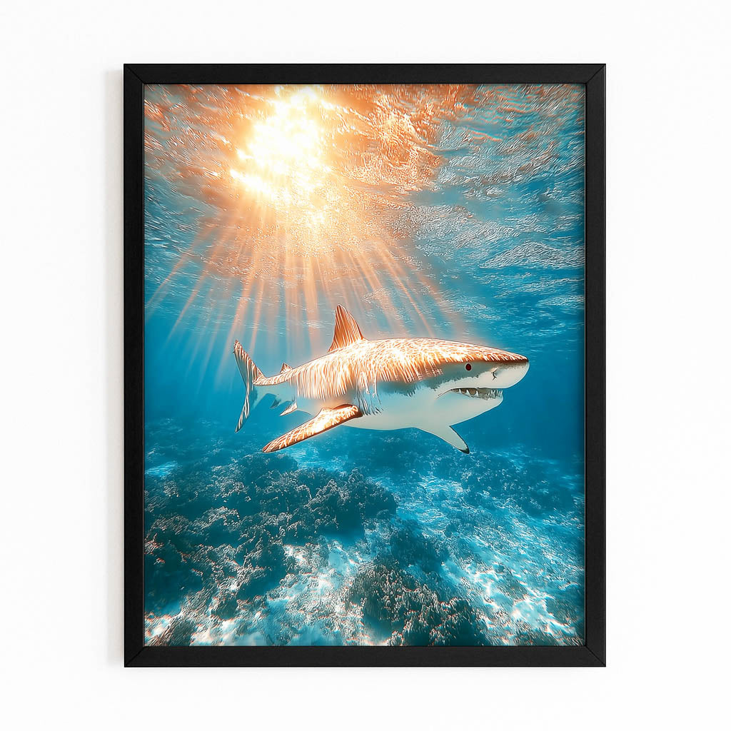 Golden Sun Rays Shark Canvas – with Premium Black frame on white background