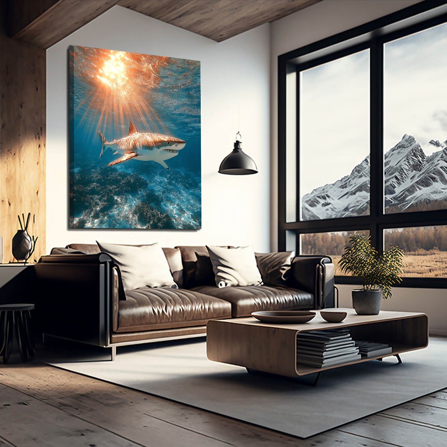Golden Sun Rays Shark Canvas – styled in a furnished interior