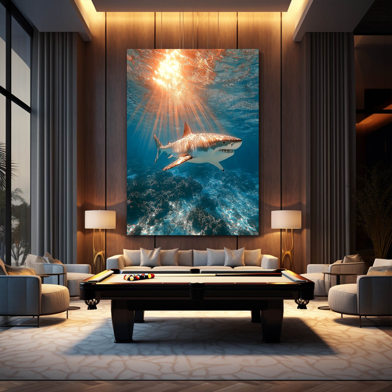Golden Sun Rays Shark Canvas – styled in a furnished interior