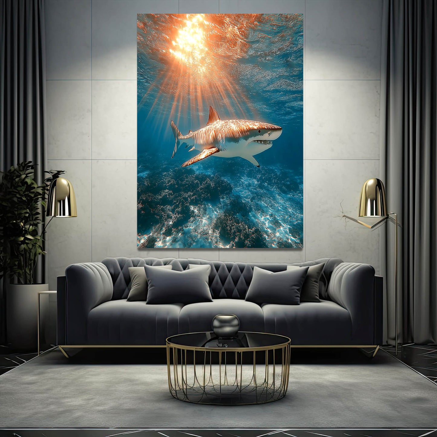 Golden Sun Rays Shark Canvas – styled in a furnished interior