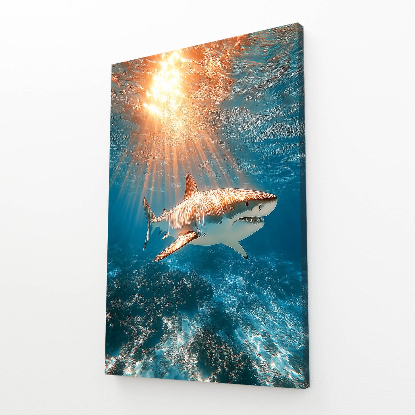 Golden Sun Rays Shark Canvas – angled canvas view on white background