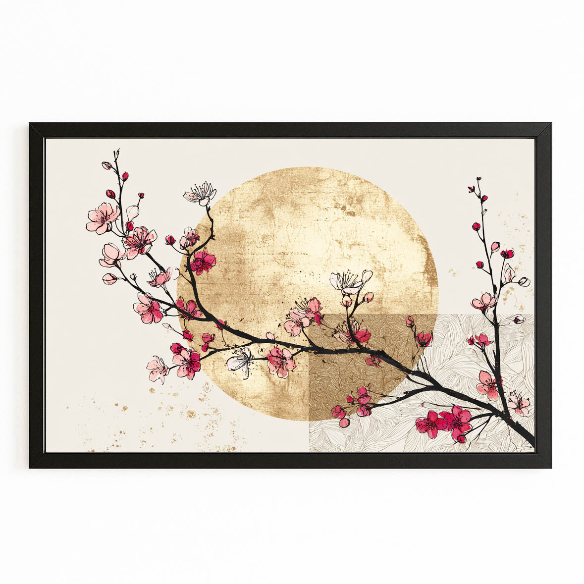 Golden Sun Sprig Cherry Blossom Canvas Art – with Premium Black frame on white background