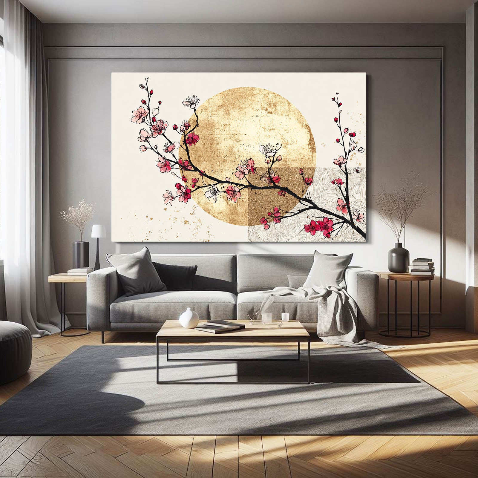 Golden Sun Sprig Cherry Blossom Canvas Art – styled in a furnished interior