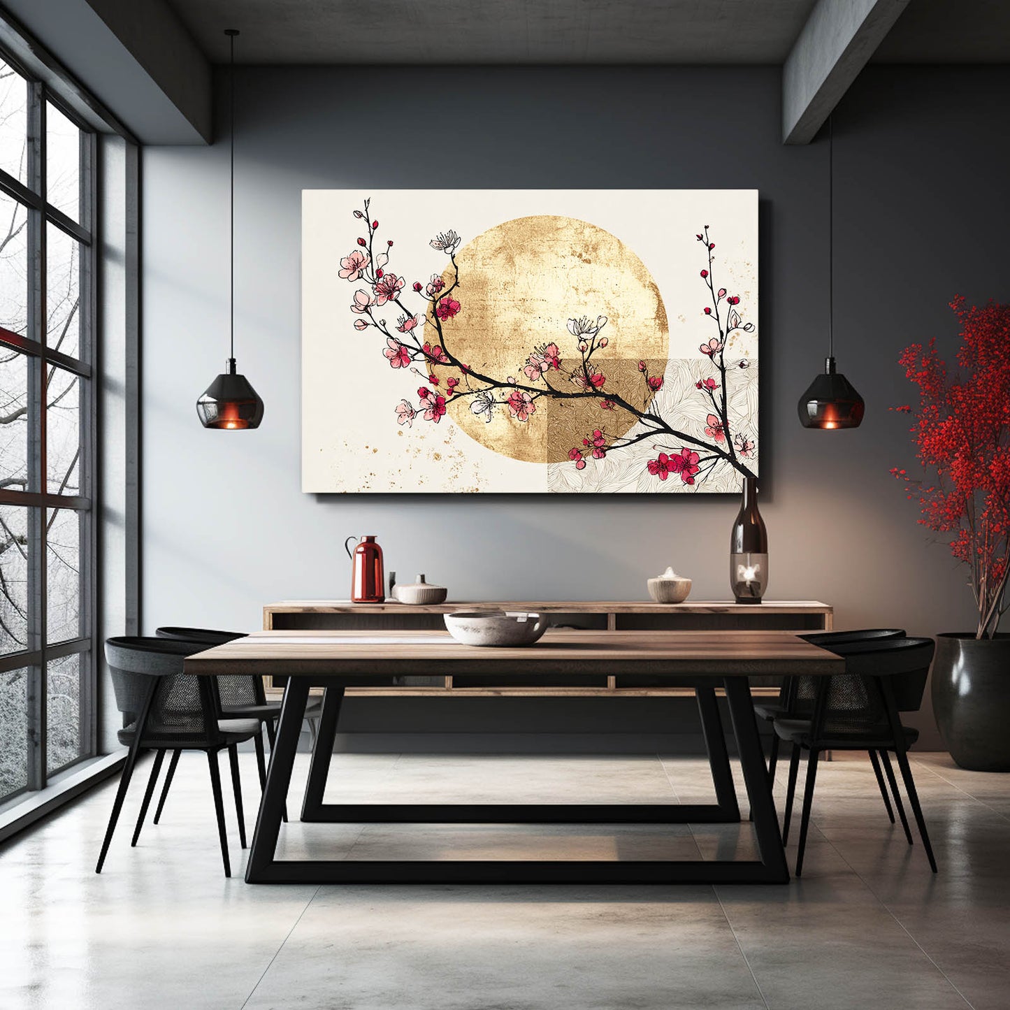 Golden Sun Sprig Cherry Blossom Canvas Art – styled in a furnished interior