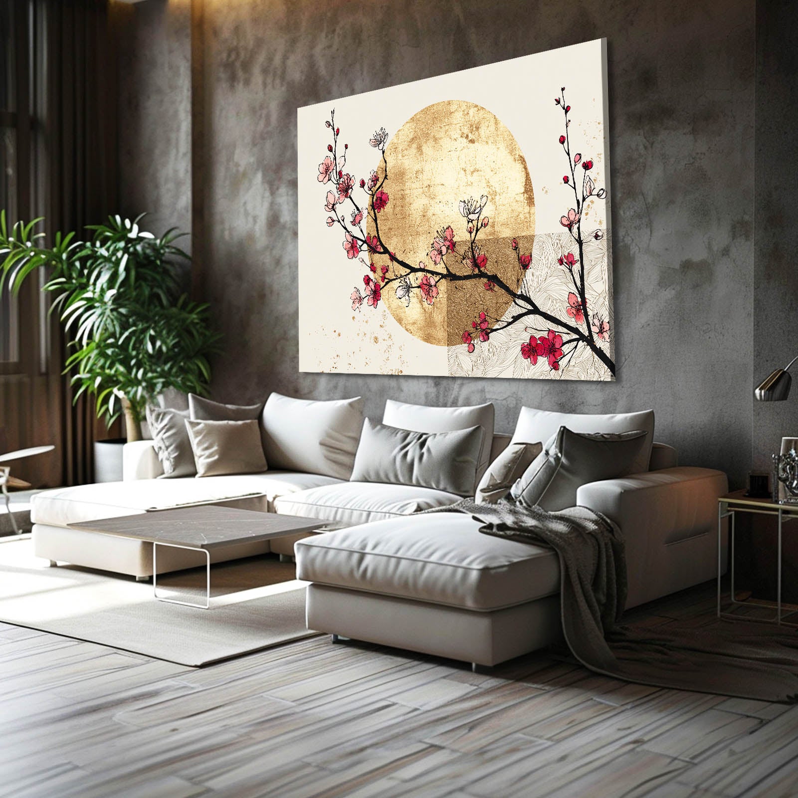 Golden Sun Sprig Cherry Blossom Canvas Art – styled in a furnished interior