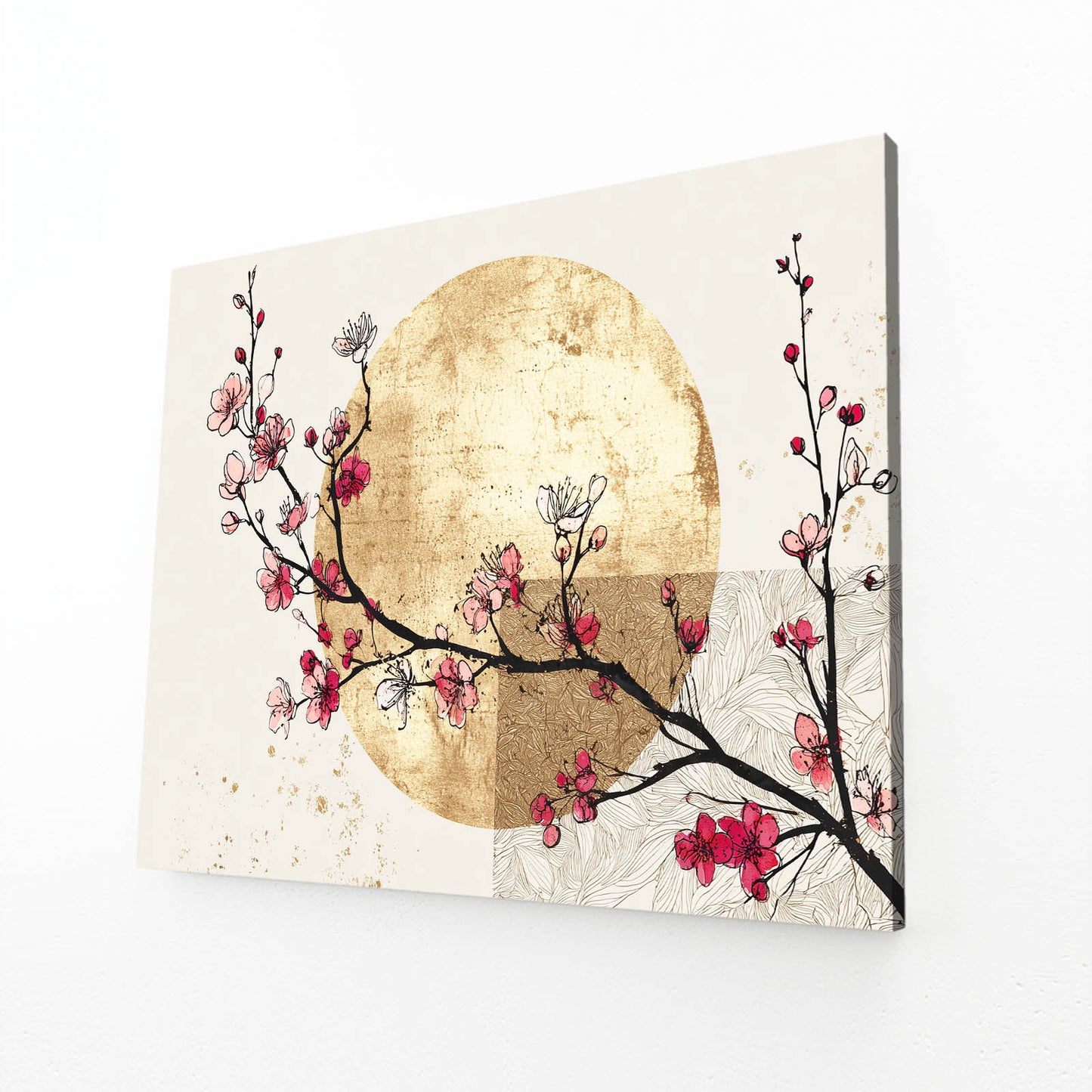 Golden Sun Sprig Cherry Blossom Canvas Art – angled canvas view on white background