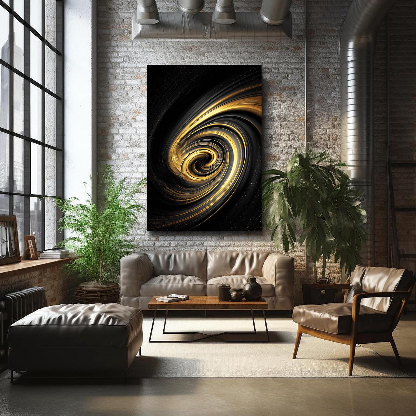 Golden Swirl Vortex Prints – styled in a furnished interior
