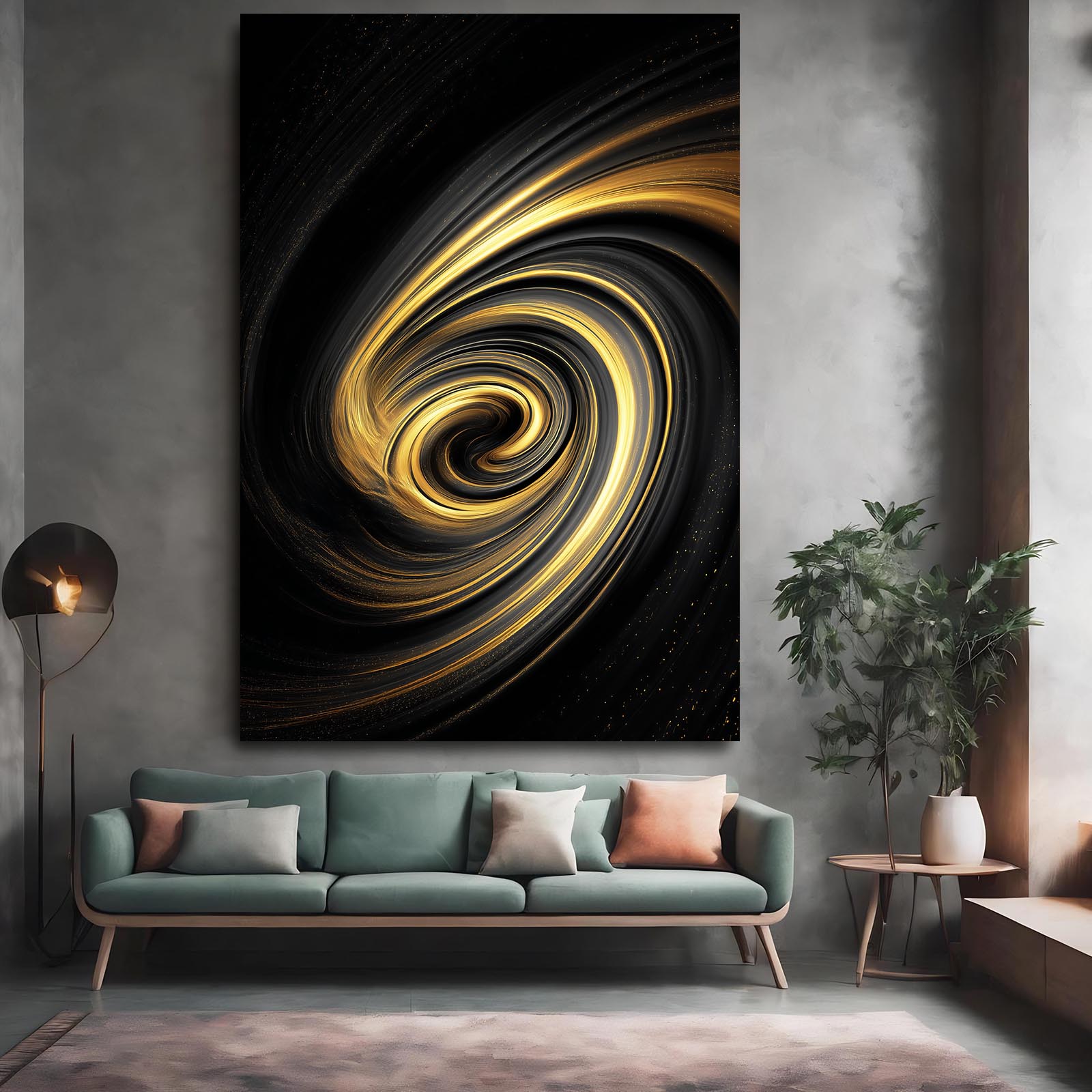 Golden Swirl Vortex Prints – styled in a furnished interior