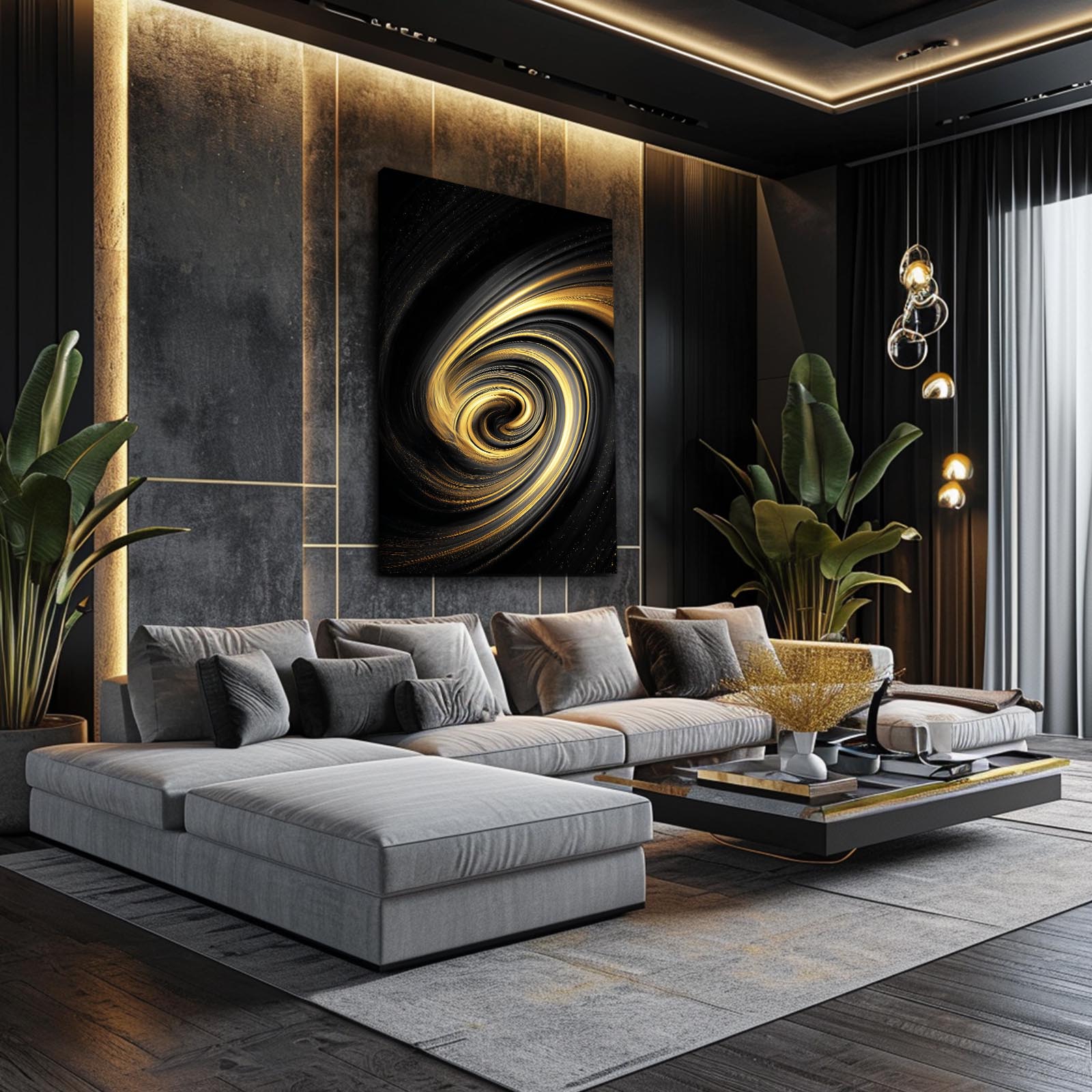 Golden Swirl Vortex Prints – styled in a furnished interior