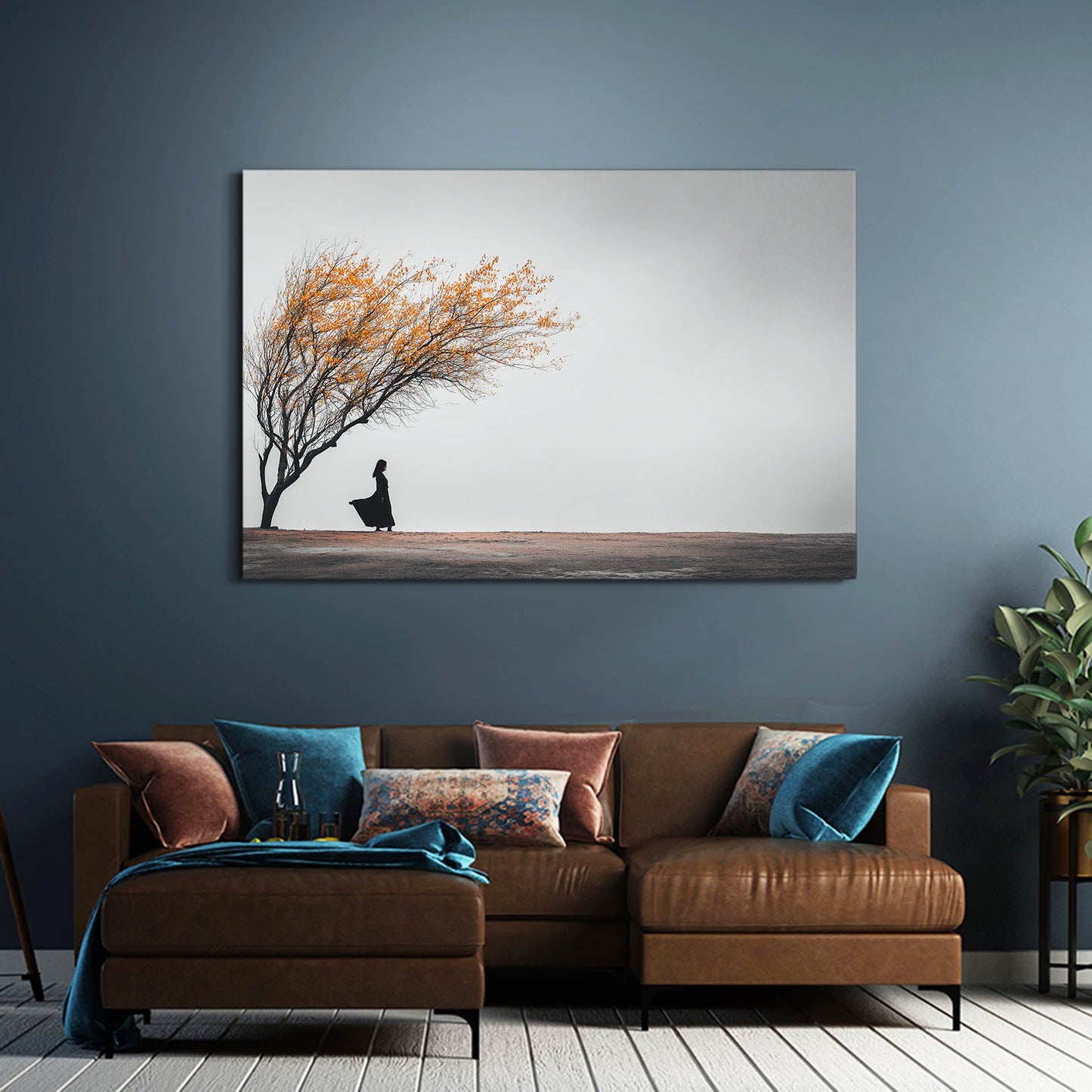 Golden Tree Nature Photography – above a brown leather sofa with teal cushions