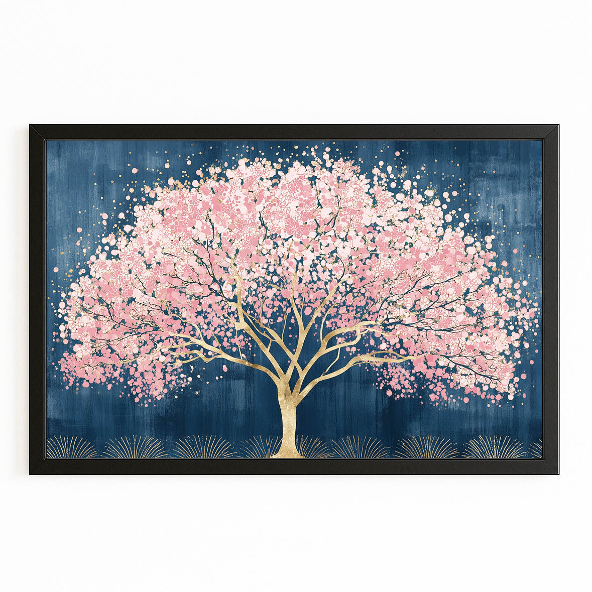 Golden Trunk Tree Cherry Blossom Art – with Premium Black frame on white background