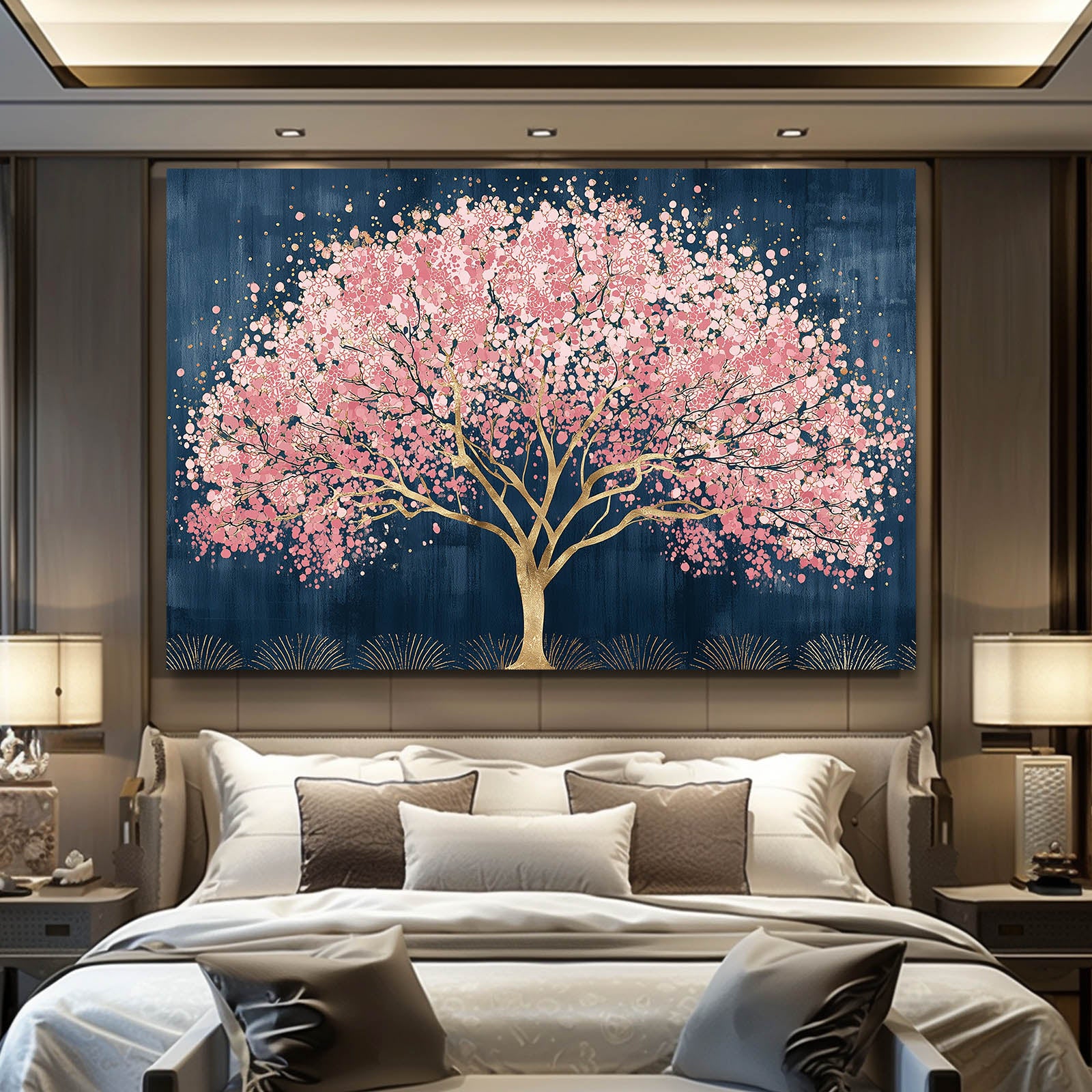 Golden Trunk Tree Cherry Blossom Art – styled in a furnished interior