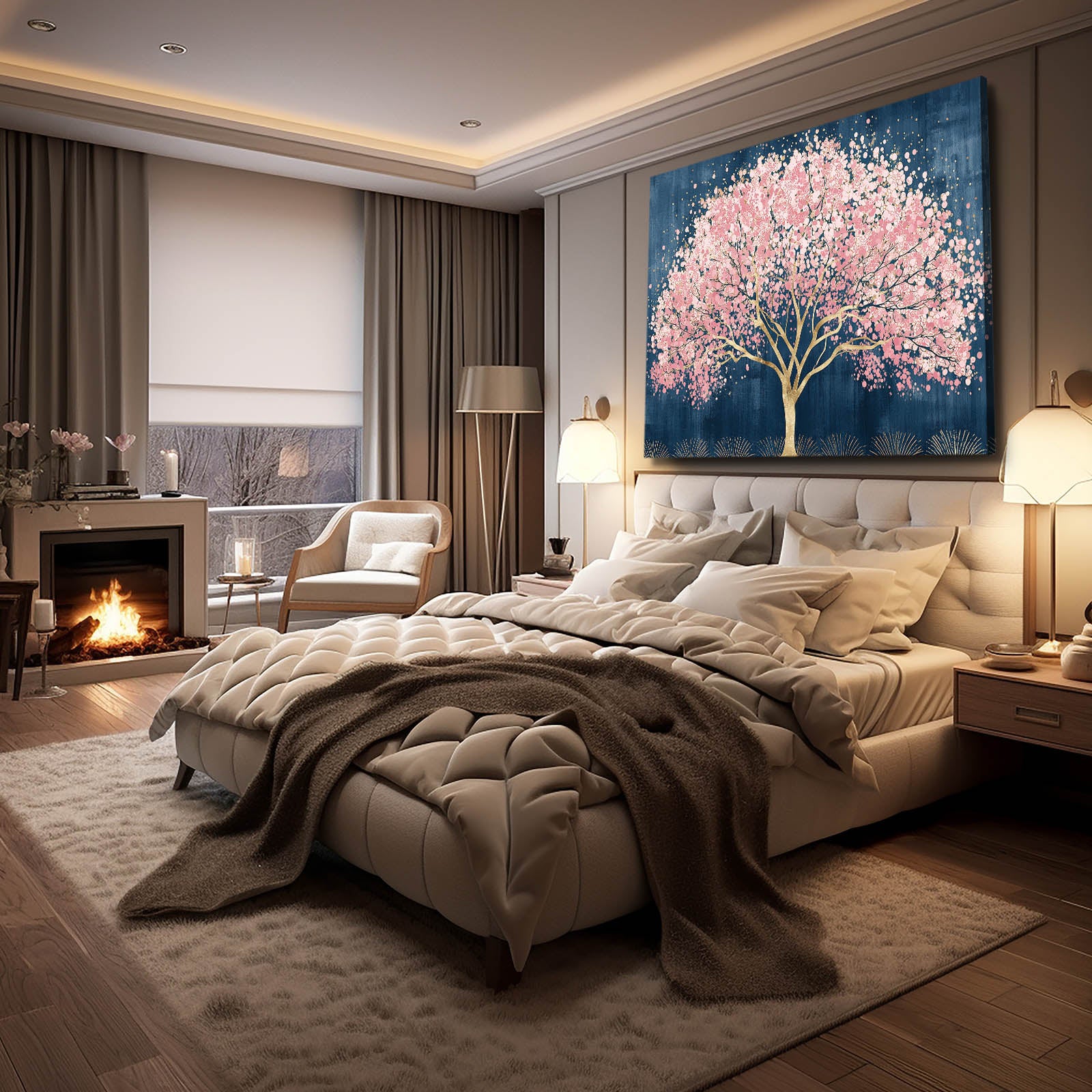 Golden Trunk Tree Cherry Blossom Art – styled in a furnished interior