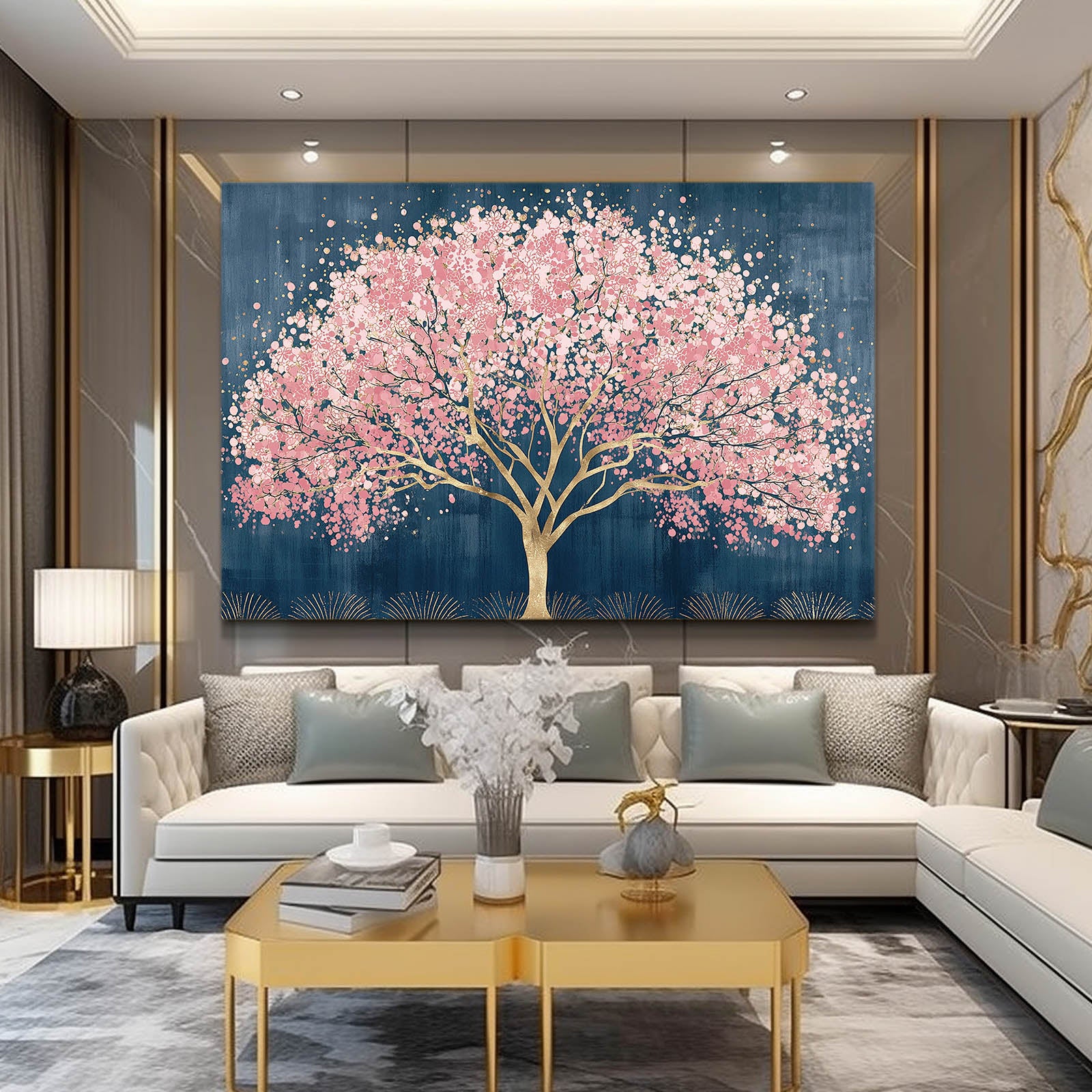 Golden Trunk Tree Cherry Blossom Art – styled in a furnished interior