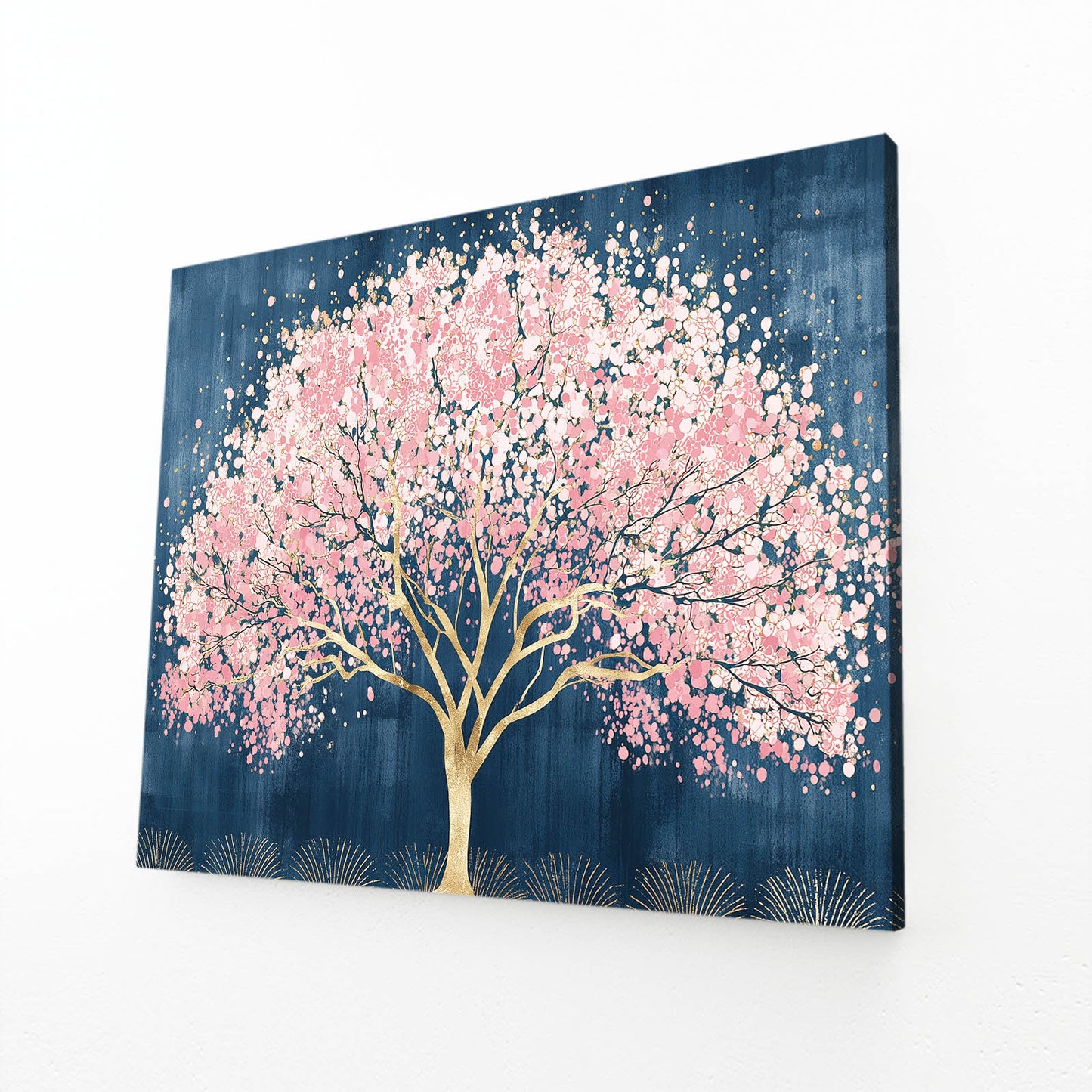 Golden Trunk Tree Cherry Blossom Art – angled canvas view on white background