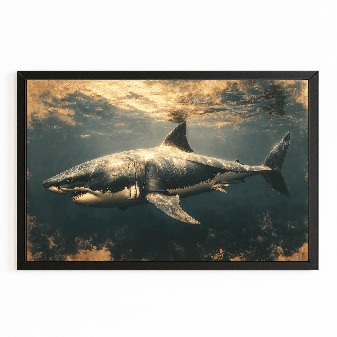 Golden Underwater Shark Canvas Art – with Premium Black frame on white background