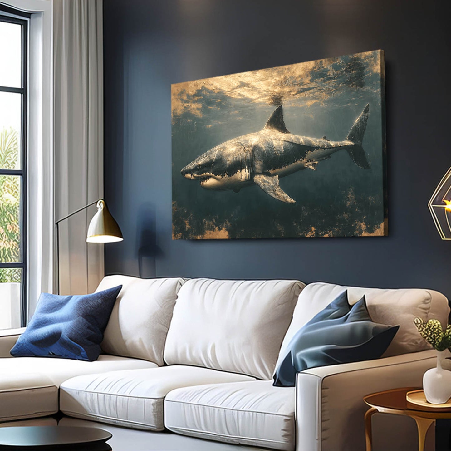 Golden Underwater Shark Canvas Art – styled in a furnished interior