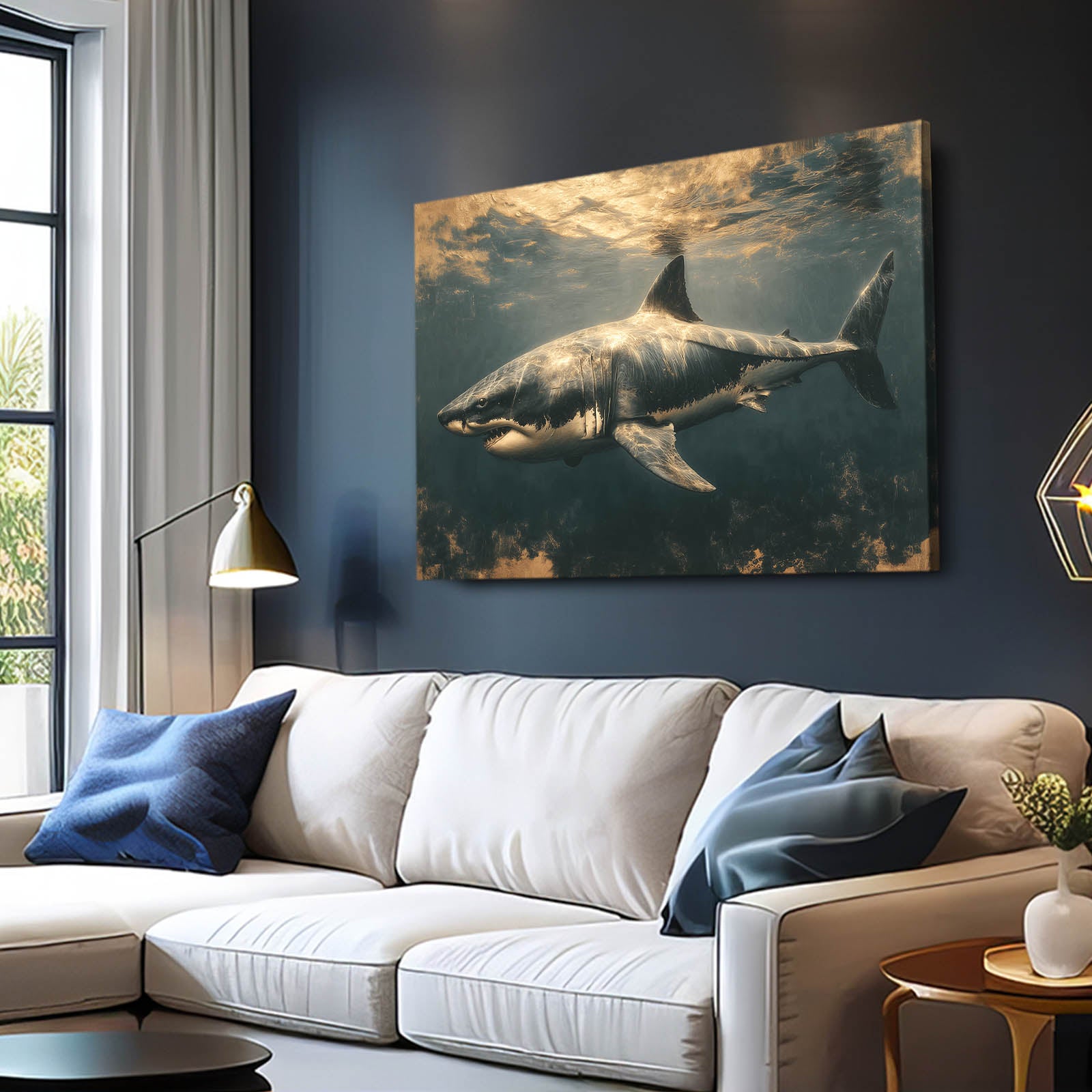 Golden Underwater Shark Canvas Art – styled in a furnished interior