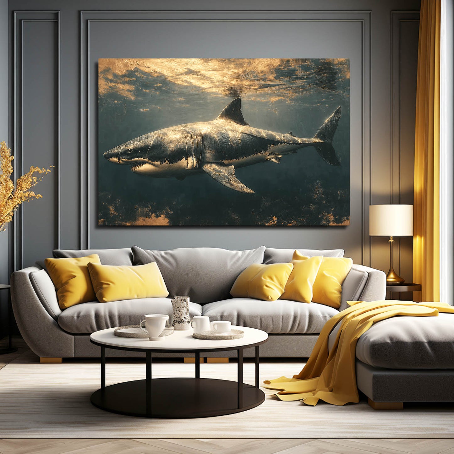 Golden Underwater Shark Canvas Art – styled in a furnished interior
