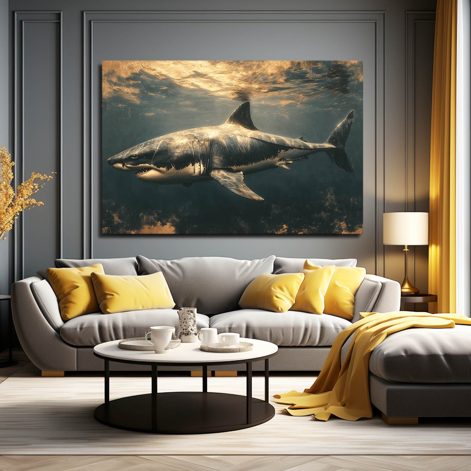 Golden Underwater Shark Canvas Art – styled in a furnished interior