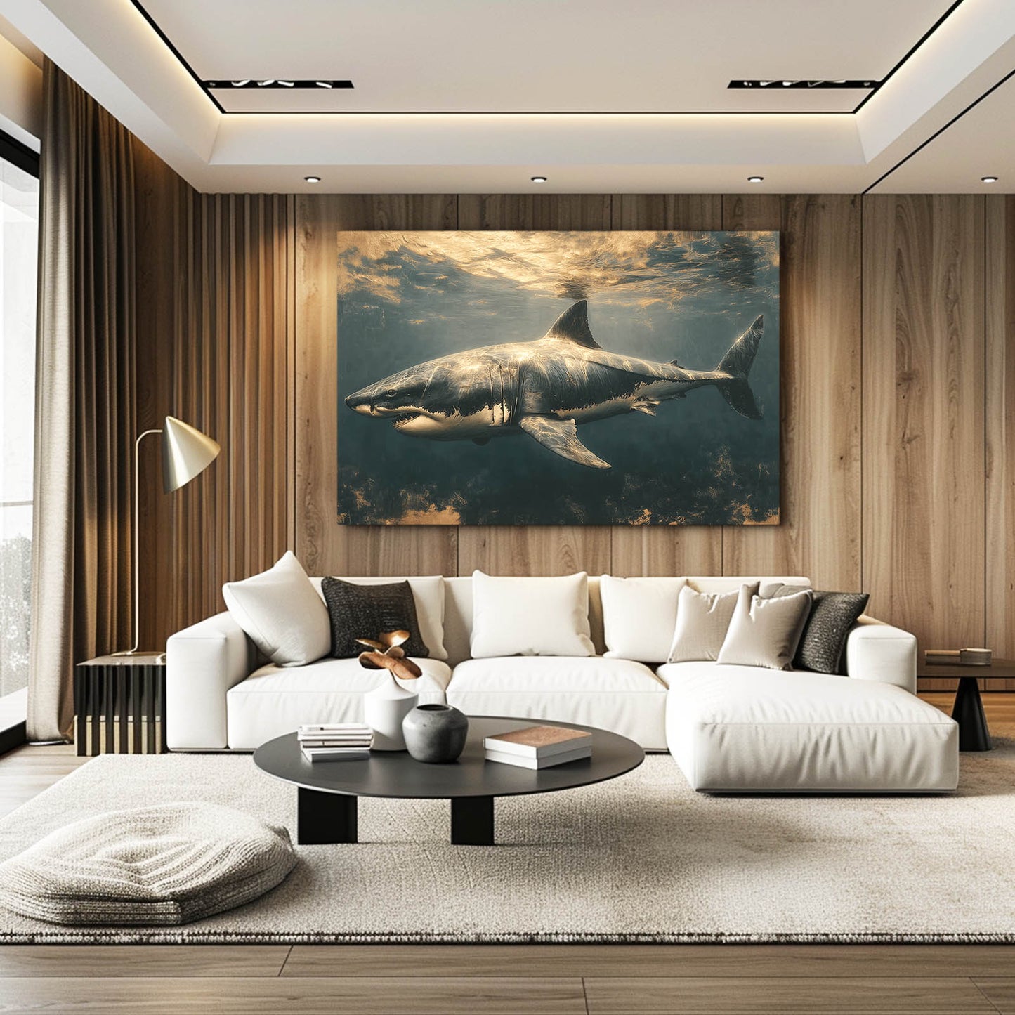 Golden Underwater Shark Canvas Art – styled in a furnished interior