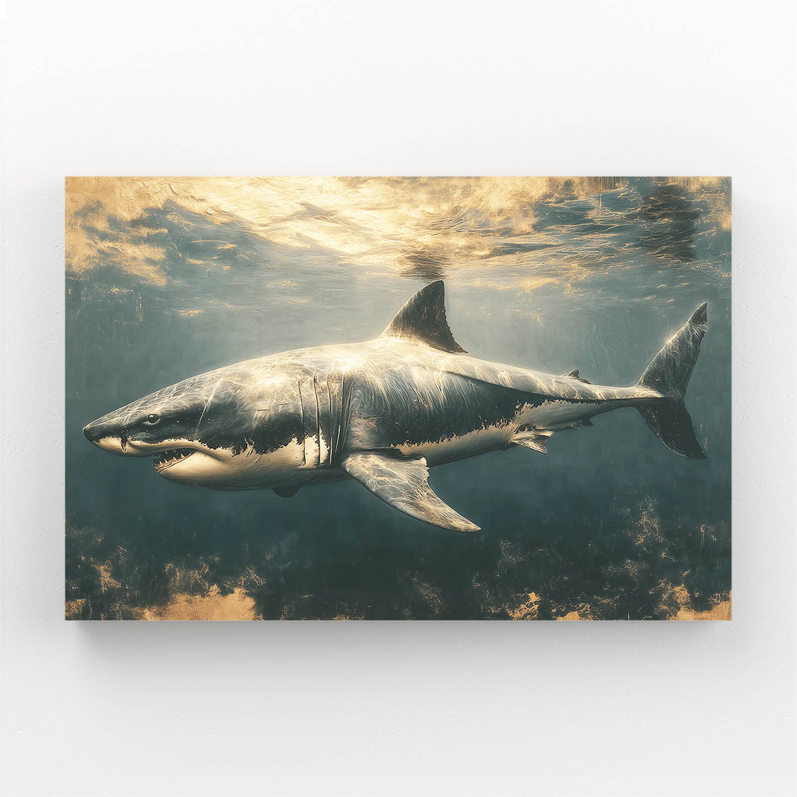 Golden Underwater Shark Canvas Art – canvas print on white background